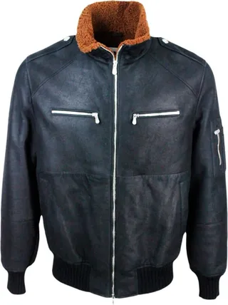 Suede Shearling Bomber Jacket With Zip Closure And Knitted Cuffs And Bottom