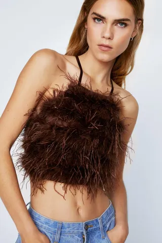 Nasty Gal Womens Halterneck Feather Lace Up Back Top