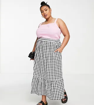 ASOS DESIGN Curve tiered midi skirt with pockets in gingham
