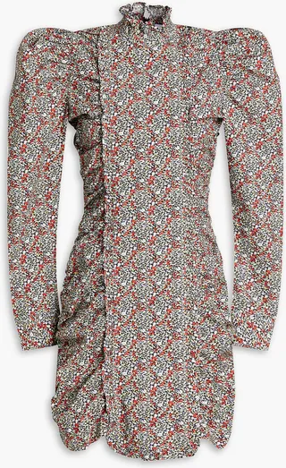 Ruched floral-print cotton mini dress