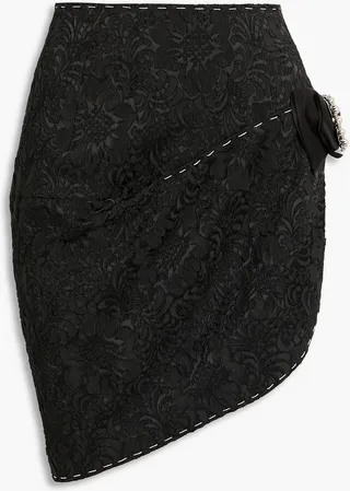 Asymmetric embellished satin-jacquard mini skirt