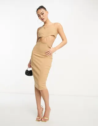Vesper cut out strappy body-conscious midi dress in camel