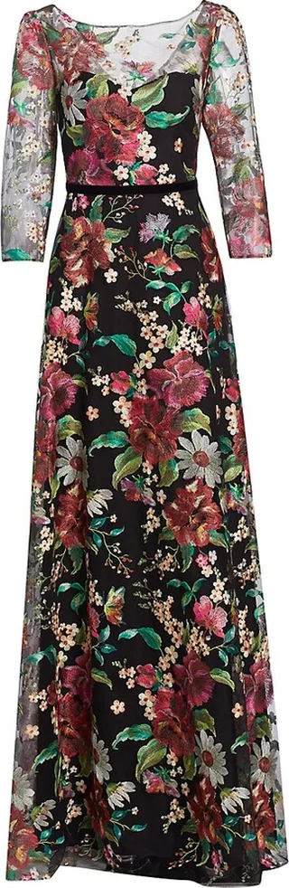 Three-Quarter-Sleeve Embroidered Gown