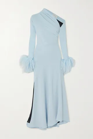 16ARLINGTON - Adelaide One-shoulder Feather-trimmed Crepe Midi Dress - Blue