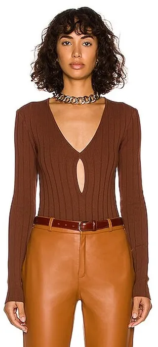 Zeynep Arcay Drop V Neck Knit Bodysuit in Brown