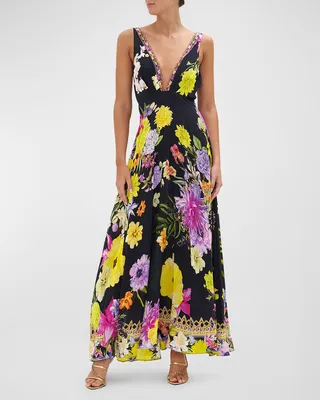 Plunge Floral Silk Maxi Dress