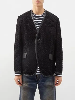 Collarless Textured Leather-trim Jacket