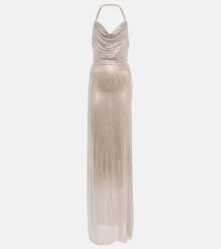 Halterneck embellished mesh gown