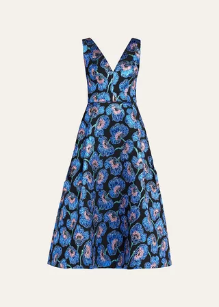 Plunging Metallic Poppy Jacquard Midi Dress