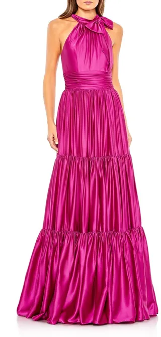 Tiered Halter Neck A-Line Satin Gown