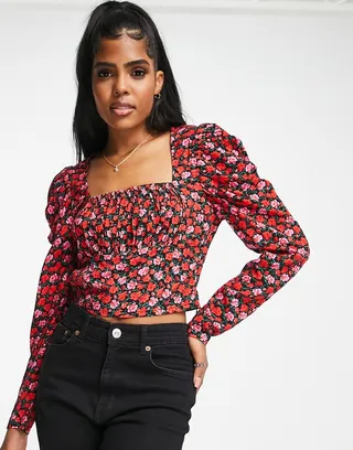 Miss Selfridge gathered bust corset top in rose print