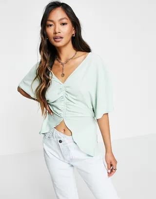 ASOS DESIGN v neck ruched front blouse in mint