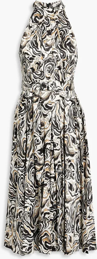 Nicola pleated printed satin-jacquard midi dress