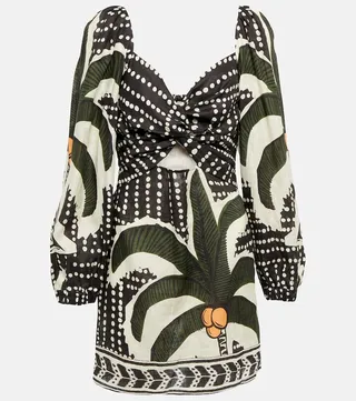 Linen puff-sleeve printed minidress