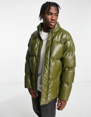 Urbancode faux leather puffer jacket in khaki