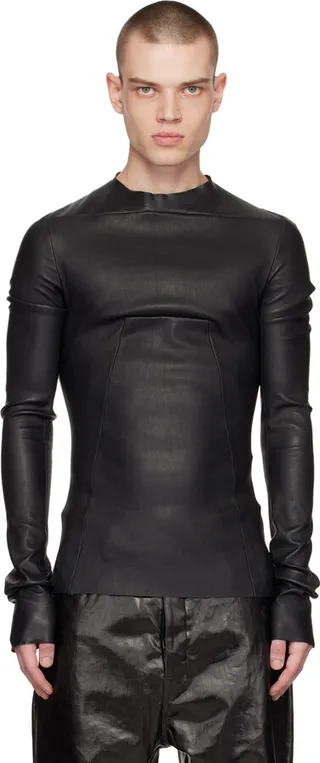 Rick Owens Black Paneled Leather Long Sleeve T-Shirt