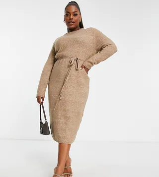 ASOS DESIGN Curve knit midi dress with tie waist in taupe
