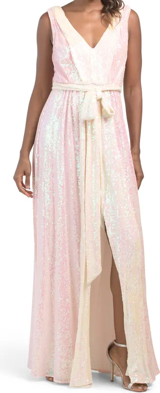 Two Tone Sequin Tie Waist Gown