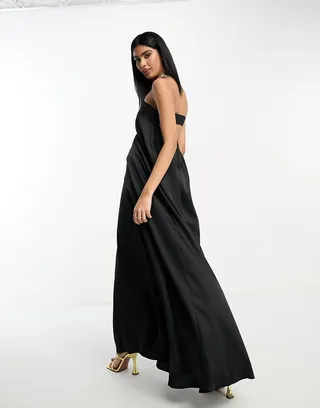 ASOS DESIGN satin bandeau trapeze maxi dress in black