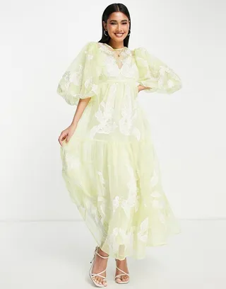 ASOS EDITION smock dress with placement applique embroidery in washed lemon