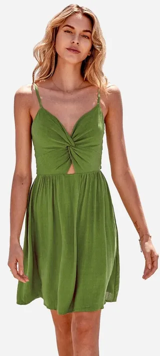 Women's Twist Cutout V Neck Tie Back Sleeveless Green Dress-Cupshe -Green-X-Large