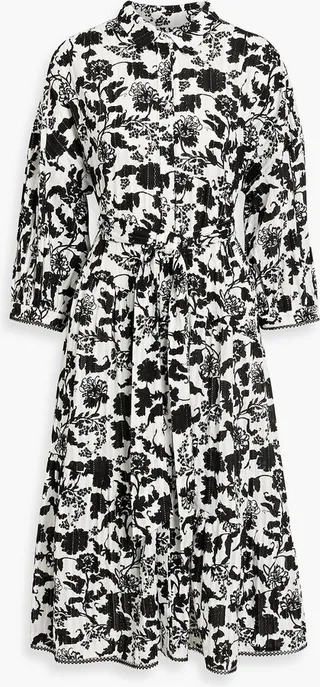 Luna gathered floral-print cotton-jacquard midi shirt dress