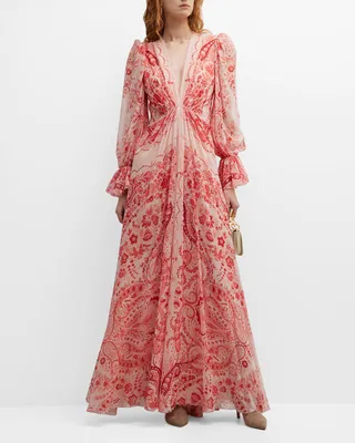 Potpourri Paisley-Print Plunging Puff-Sleeve Boho Gown