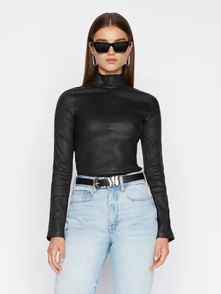 Stretch Leather Turtleneck Noir