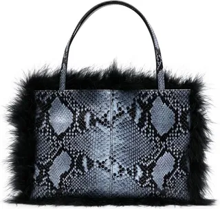 Blue Suki Snakeskin-Effect Feather-Trim Tote Bag