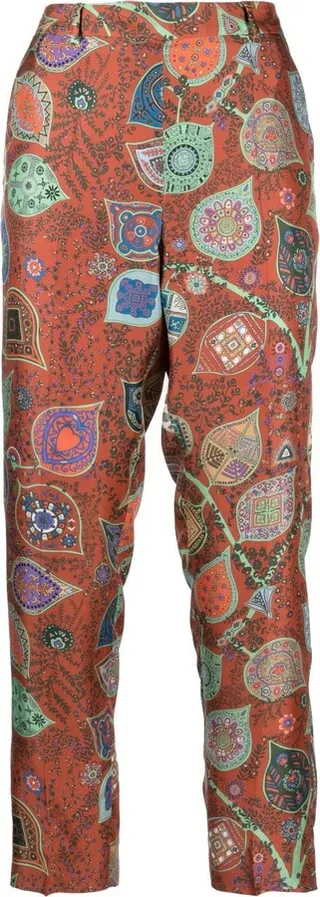 Geometric-Print Silk Tailored Trousers
