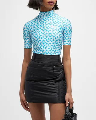 Logo-Print Mock-Neck Short-Sleeve Fitted Top