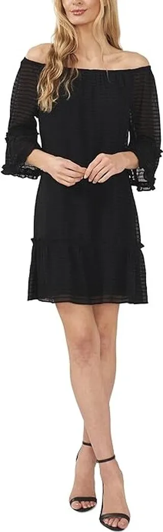 CeCe Over-the-Shoulder Flounce Dress (Rich Black) Women's Clothing