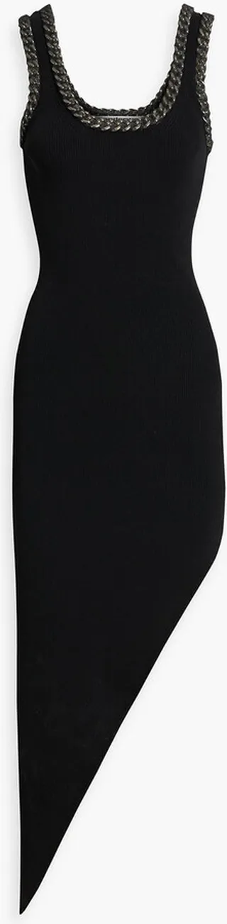 Asymmetric chain-embellished ribbed-knit mini dress