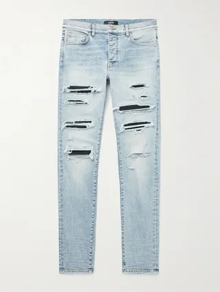 Thrasher Skinny-Fit Leather-Panelled Distressed Jeans