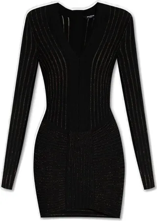 Balmain V-Neck Ribbed Knit Mini Dress