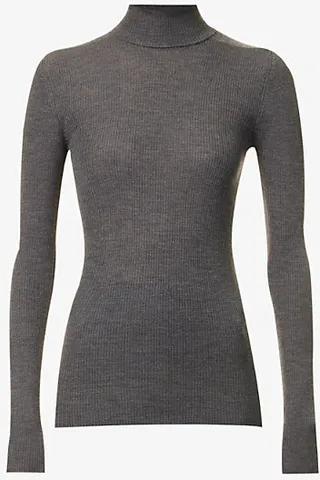 Womens Charcoal Slim-fit Turtleneck Wool Knitted top