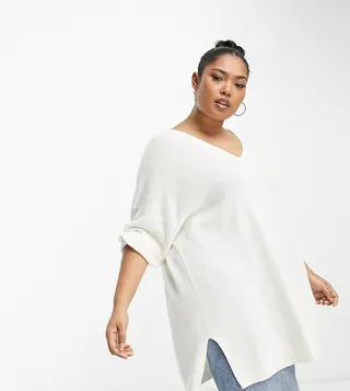 Vero Moda Curve longline v neck sweater in white