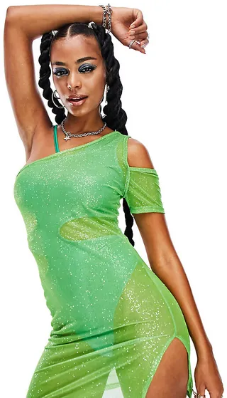 ASYOU festival glitter mesh one shoulder layered mini dress in green