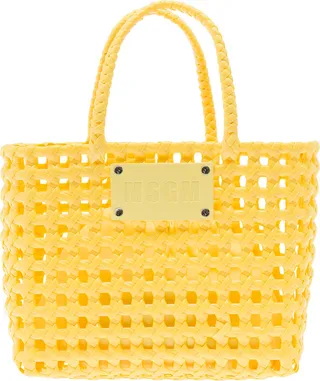 Medium Yellow Tote Bag With Logo Patch In Braided Rubber Woman