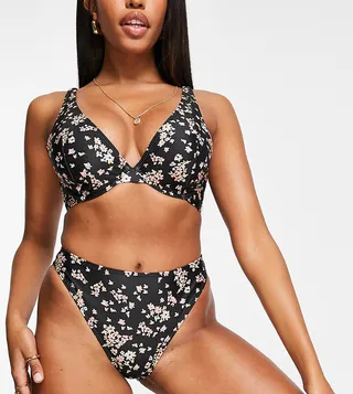 Peek & Beau Exclusive polyester high leg bikini bottom in pink floral print - MULTI