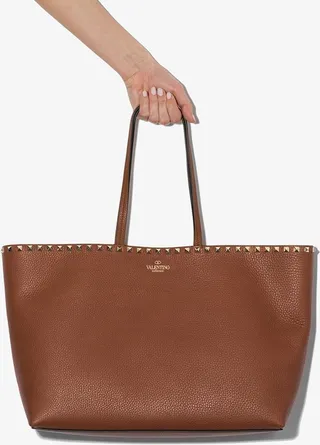 Brown Rockstud Large Leather Tote Bag