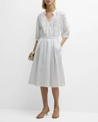 Embroidered Linen Gauze Fit-&-Flare Midi Shirtdress