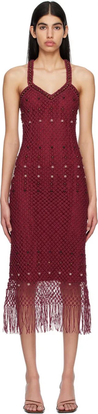 Wales Bonner Burgundy Java Macrame Midi Dress