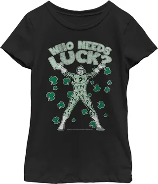 Girl's Batman St. Patrick's Day Riddler Who Needs Luck Distressed T-Shirt - Black - Large