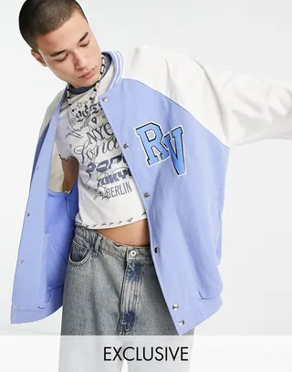 Reclaimed Vintage inspired unisex relaxed jersey bomber jacket in pastel blue