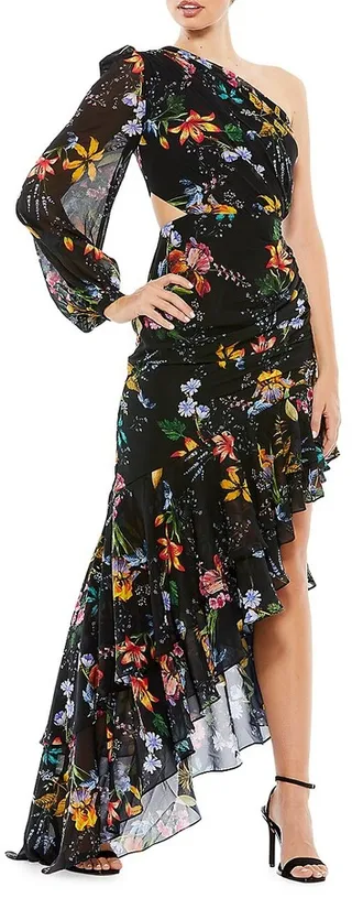 Ieena Floral Slit-Sleeve Asymmetric Gown