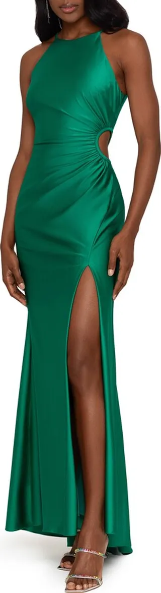Cutout Detail Ruched Satin Gown