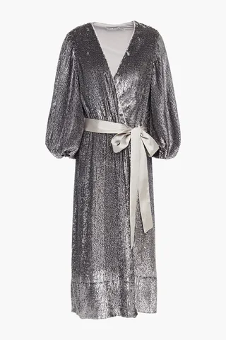 Anne belted sequined crepe de chine midi wrap dress