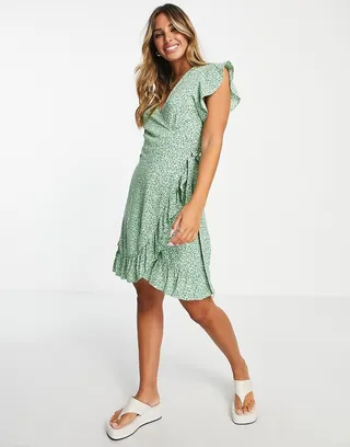 Vila mini wrap dress with frill detail in green floral print