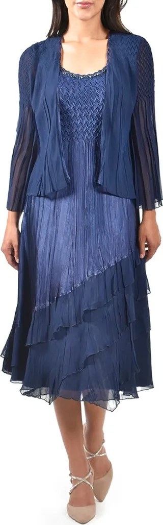 Beaded Charmeuse & Chiffon Tiered Cocktail Dress with Jacket